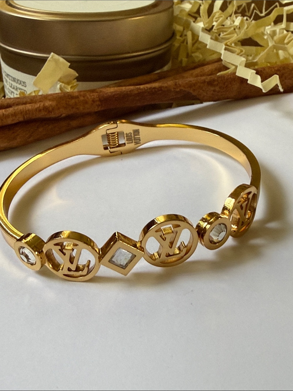 Fashion designer Gold-Tone Logo Crystal Bangle Bracelet - Picture 2 of 10